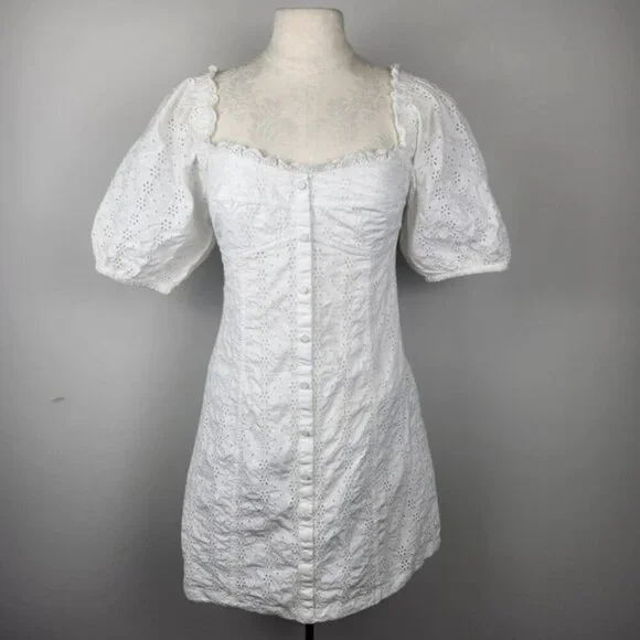 Gap White Peasant Eyelet Puff Sleeve Cotton Dress Size Small - Picture 2 of 15